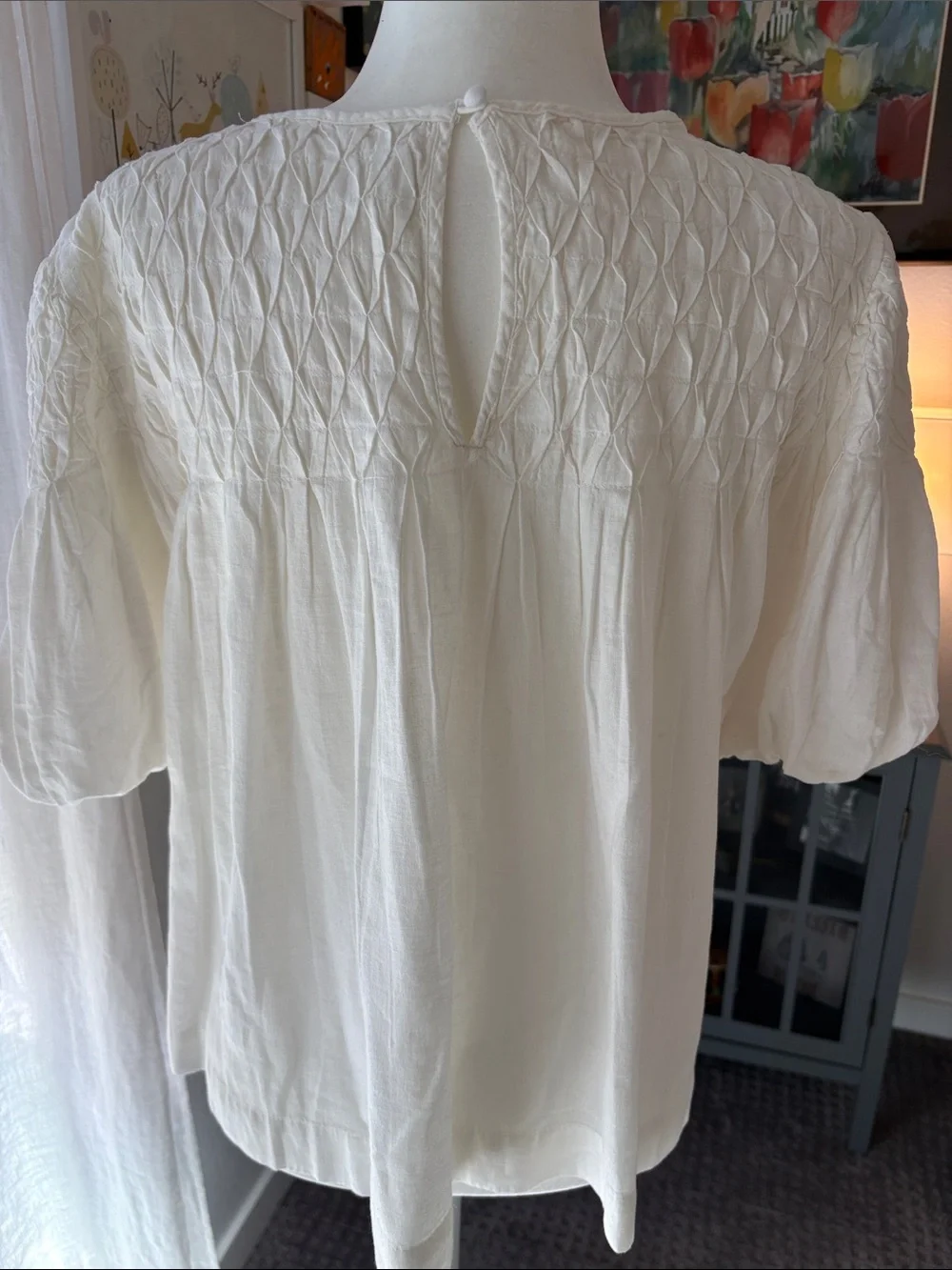 Anthropologie Cream Linen Smocked Yoke Puff Sleeve Blouse